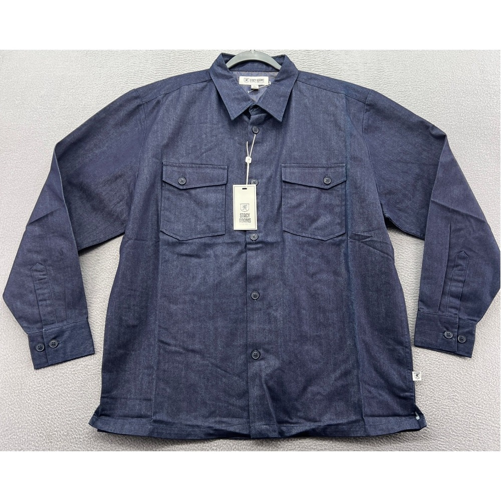 Stacy Adams Shirt Men's Large Button Up Blue Indigo Denim Sleeve NWT